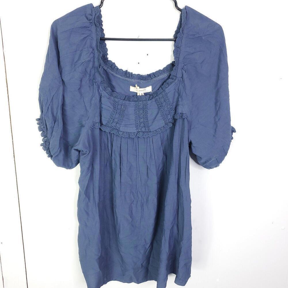 Laffaire Top Womens M Tunic Puff Half Sleeve Eyelet Embroidery Slate Crochet